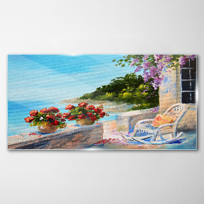 Glasbild Blumen und Meer in einer sonnigen Landschaft