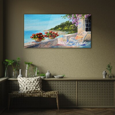 Glasbild Blumen und Meer in einer sonnigen Landschaft