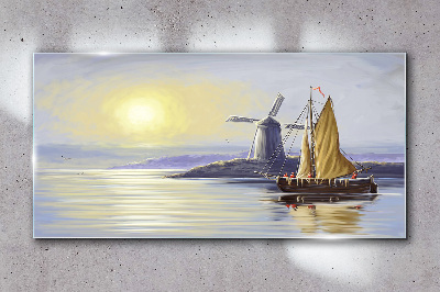 Glasbild Meer Schiff Mühle Sonne