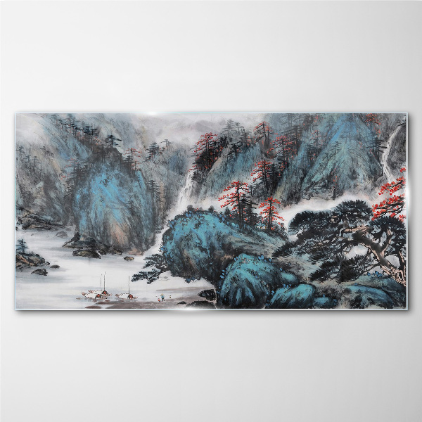 Glasbild Friedliche Berglandschaft mit Wasserfall