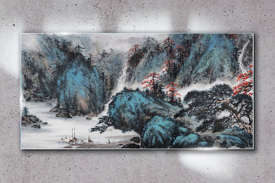 Glasbild Friedliche Berglandschaft mit Wasserfall
