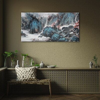 Glasbild Friedliche Berglandschaft mit Wasserfall