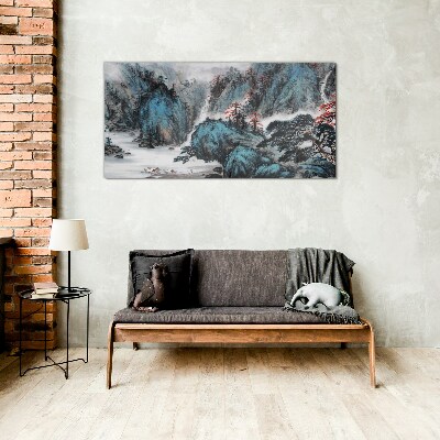 Glasbild Friedliche Berglandschaft mit Wasserfall