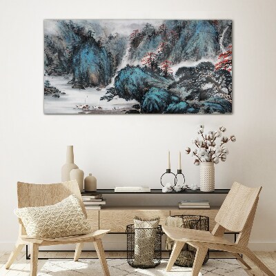 Glasbild Friedliche Berglandschaft mit Wasserfall
