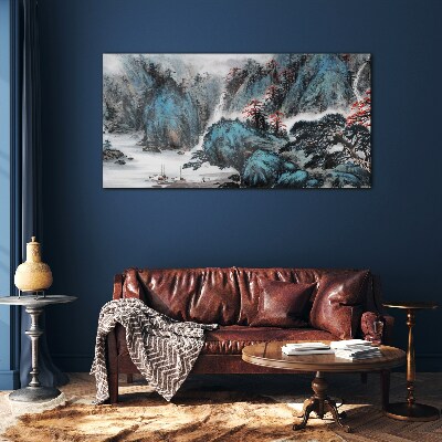 Glasbild Friedliche Berglandschaft mit Wasserfall