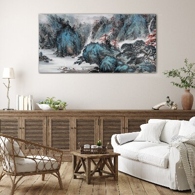 Glasbild Friedliche Berglandschaft mit Wasserfall