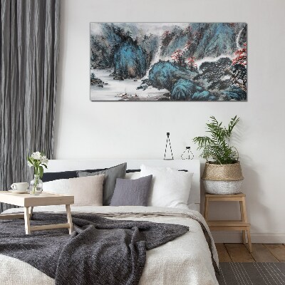 Glasbild Friedliche Berglandschaft mit Wasserfall
