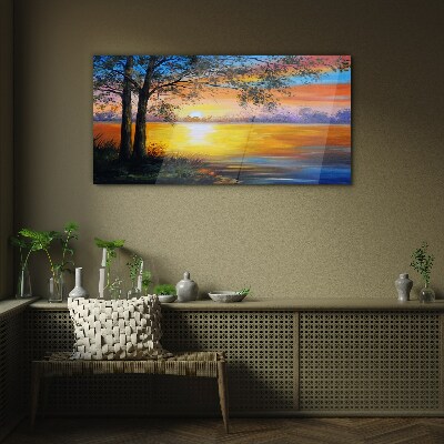 Glasbild Sonnenuntergang über dem See