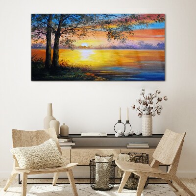 Glasbild Sonnenuntergang über dem See
