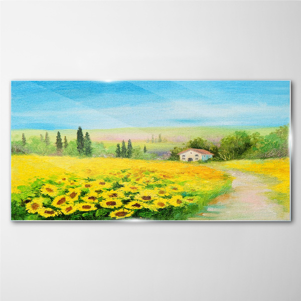 Glasbild Sonnenblumen vor blauem Himmel