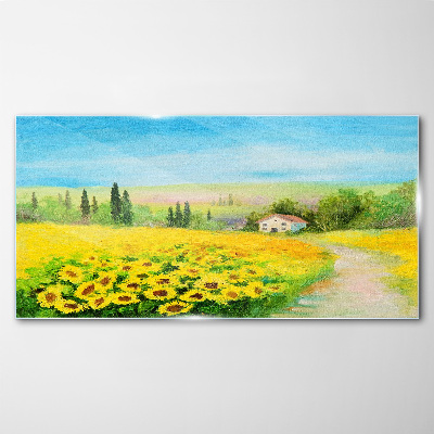 Glasbild Sonnenblumen vor blauem Himmel