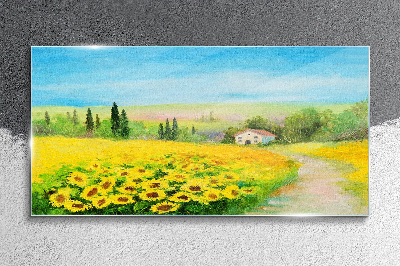 Glasbild Sonnenblumen vor blauem Himmel