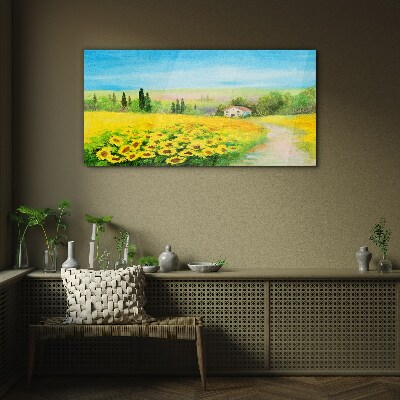 Glasbild Sonnenblumen vor blauem Himmel