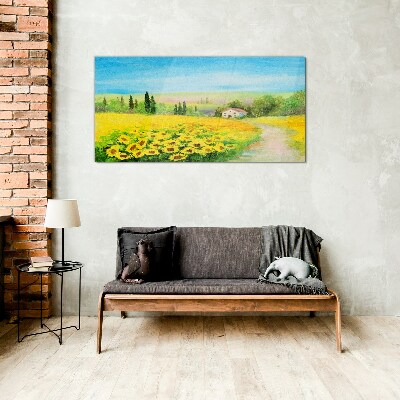 Glasbild Sonnenblumen vor blauem Himmel