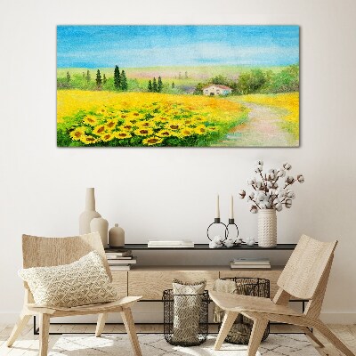 Glasbild Sonnenblumen vor blauem Himmel