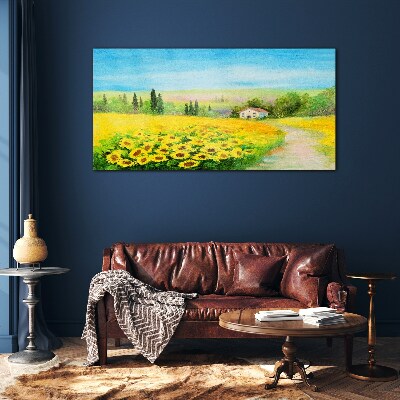 Glasbild Sonnenblumen vor blauem Himmel