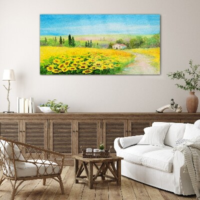 Glasbild Sonnenblumen vor blauem Himmel