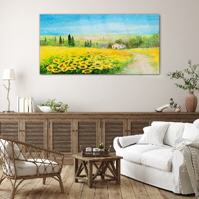 Glasbild Wiesen-Sonnenblumen-Landschaft