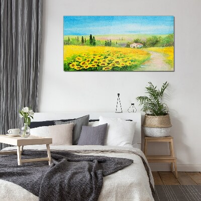 Glasbild Sonnenblumen vor blauem Himmel