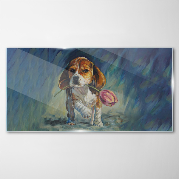 Glasbild Ein Hund mit einer Rose vor dem Himmel