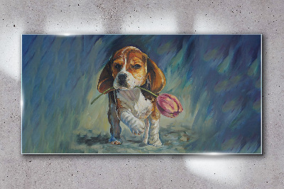 Glasbild Ein Hund mit einer Rose vor dem Himmel