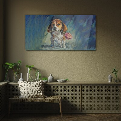 Glasbild Ein Hund mit einer Rose vor dem Himmel