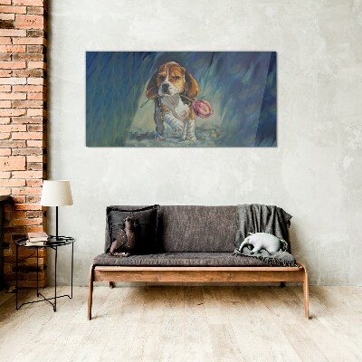 Glasbild Ein Hund mit einer Rose vor dem Himmel
