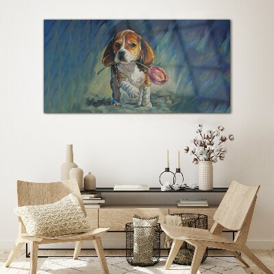 Glasbild Ein Hund mit einer Rose vor dem Himmel