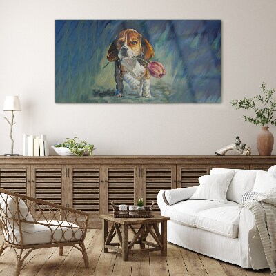 Glasbild Ein Hund mit einer Rose vor dem Himmel
