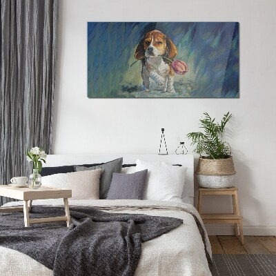 Glasbild Ein Hund mit einer Rose vor dem Himmel