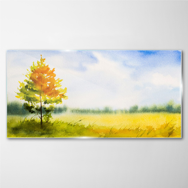 Glas bild Goldener Herbst vor der Kulisse einer Wiese