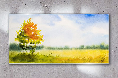 Glas bild Goldener Herbst vor der Kulisse einer Wiese