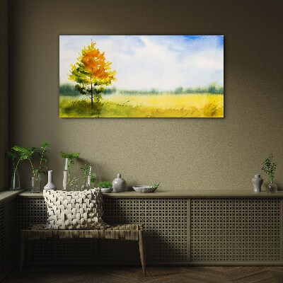 Glas bild Goldener Herbst vor der Kulisse einer Wiese