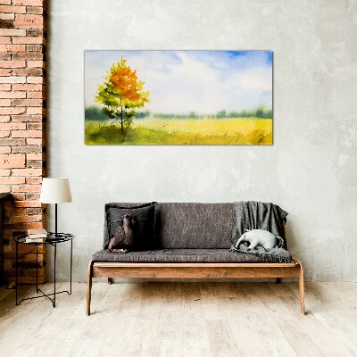 Glas bild Goldener Herbst vor der Kulisse einer Wiese