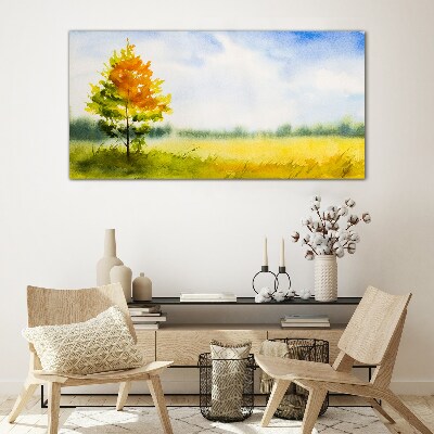 Glas bild Goldener Herbst vor der Kulisse einer Wiese