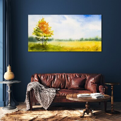 Glas bild Goldener Herbst vor der Kulisse einer Wiese