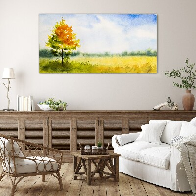 Glas bild Goldener Herbst vor der Kulisse einer Wiese