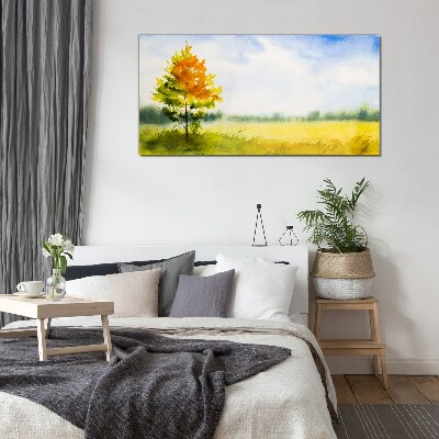 Glas bild Goldener Herbst vor der Kulisse einer Wiese