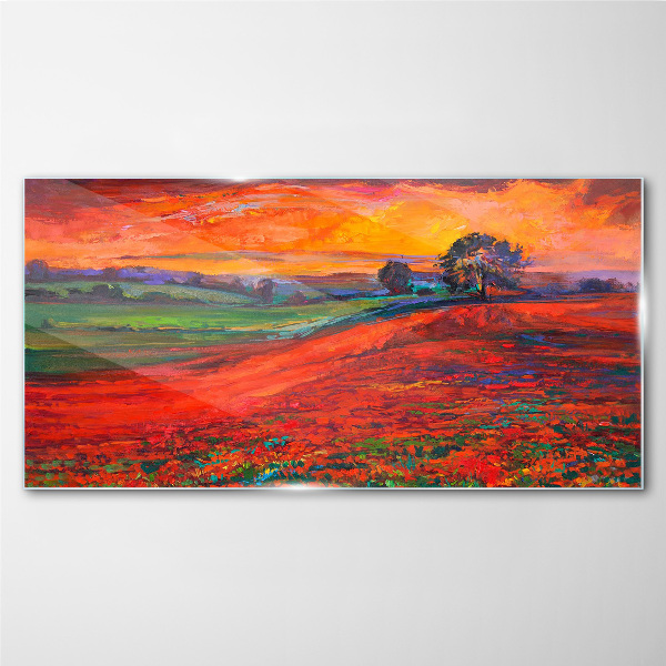 Glasbild Sonnenuntergang über dem roten Feld