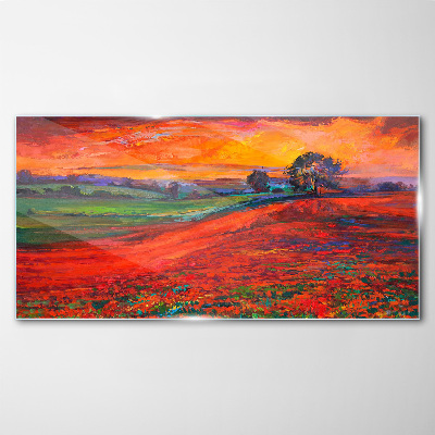 Glasbild Sonnenuntergang über dem roten Feld