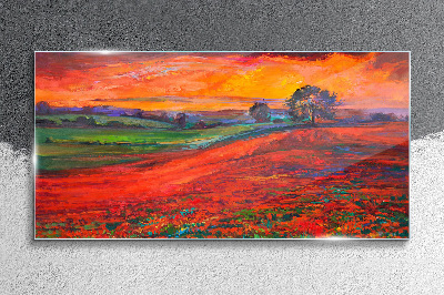 Glasbild Sonnenuntergang über dem roten Feld