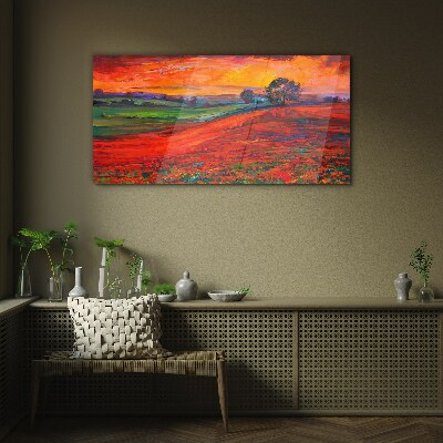 Glasbild Sonnenuntergang über dem roten Feld