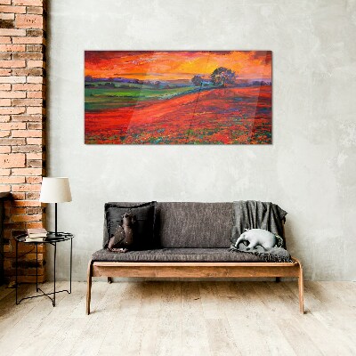 Glasbild Sonnenuntergang über dem roten Feld