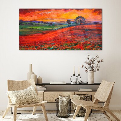 Glasbild Sonnenuntergang über dem roten Feld