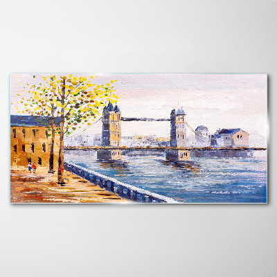 Glas bild London Bridge mit Herbstbäumen