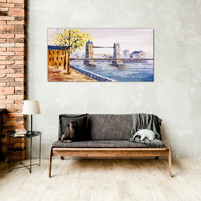 Glas bild London Bridge mit Herbstbäumen