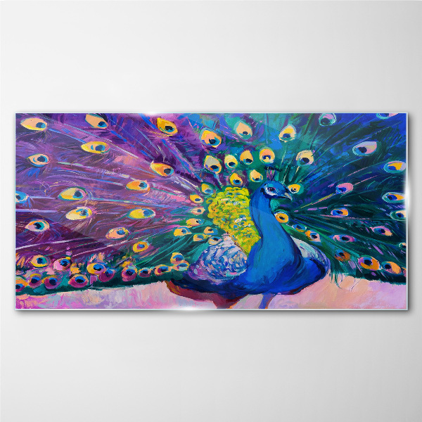 Bild auf glas Ein bunter Pfau in Frühlingsaura