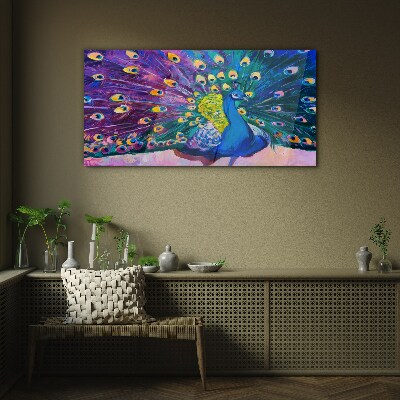 Bild auf glas Ein bunter Pfau in Frühlingsaura