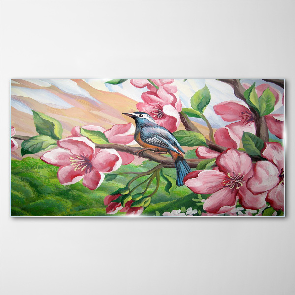 Foto glasbild Ein Vogel vor einem Hintergrund aus Frühlingsblumen