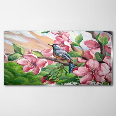 Foto glasbild Ein Vogel vor einem Hintergrund aus Frühlingsblumen